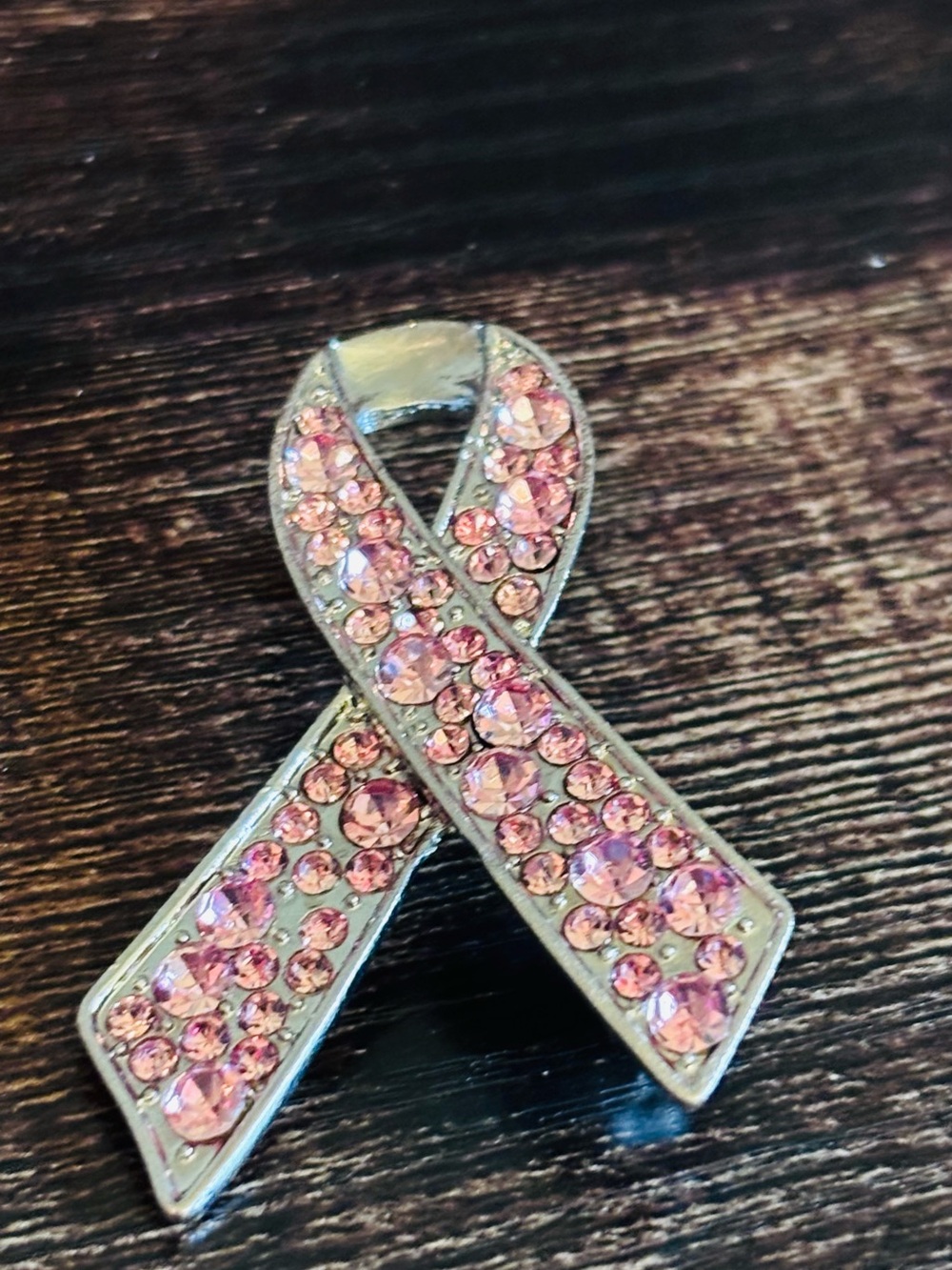 Pink‎ Rhinestone Breast Cancer Awareness Ribbon Brooch Pin Silver Tone Support - Picture 2 of 4